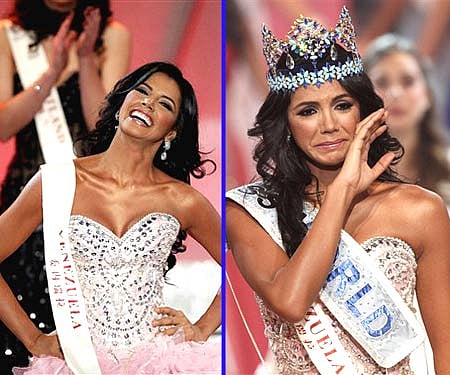 Left: Miss Venezuala, before winning the crown; Right: Teary-eyed Ivian Sarcos, after being declared the winner (AP Photo/Kirsty Wigglesworth).