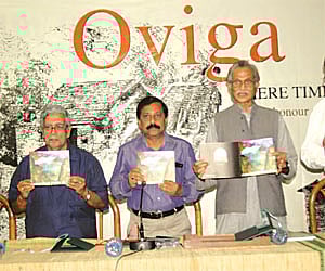 J P Das (2nd from right) releases the book ‘Oviga’ by Dinanath Pathy (Extreme Left) in Bhubaneswar on Sunday - Expressphoto