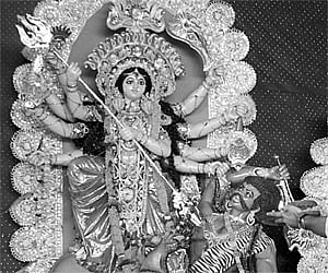 Goddess Durga being worshipped during Navratri at Janata Maidan in Bhubaneswar on Friday | Express Photo