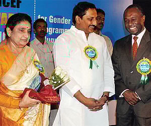 Assembly Speaker N Kiran Kumar Reddy with Unicef Hyderabad chief Michael Saint-Lot at the Unicef media awards presentation ceremony in Hyderabad.