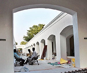 The stalls for the crafts bazaar near the Gandhi statue in Puducherry on Tuesday.