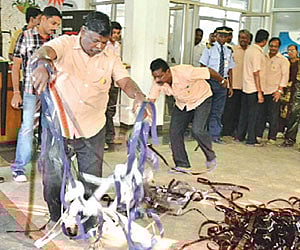 UP IN ARMS: MDMK activists vandalise Prasad Lab where a two-minute trailer was scheduled for screening