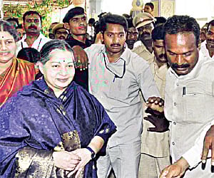 FEELING BLESSED: AIADMK general secretary J Jayalalithaa coming out of Sri Kalahastheeswara Swamy Temple after offering prayers to Lord Kalahastheeswa