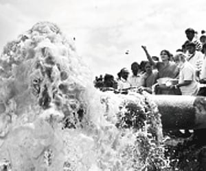 Tiptur MLA B C Nagesh’s wife performing a pooja to mark the release of Hemavathy river water to Amanikere tank in Tiptur on Thursday |Express Photo