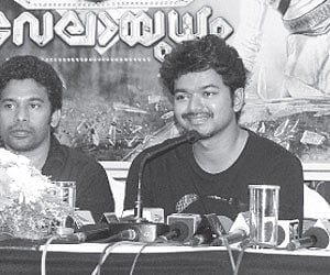 Actor Vijay interacting with the media after the trailer launch of his new movie ‘Velayudham’ in Kochi on Saturday.