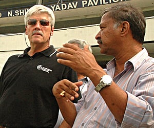 N Shivlal Yadav with ICC observer Alan Hurst at the Rajiv Gandhi International Stadium