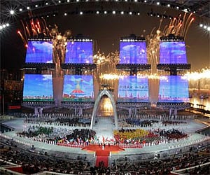 Fireworks explode during the opening ceremony for the 16th Asian Games in Guangzhou in China on Friday. AP