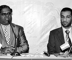 M Umapathi (L), MD, Voltech Group, and Khalid Al-Jumaid, group senior VP, Mohawarean Int’l Group, Riyadh, Saudi Arabia, addressing the media