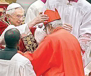 Archbishop Mar George Alencherry, the Major Archbishop of Ernakulam-Angamaly diocese of the Syro-Malabar Church receives the cardinal's hat. AP
