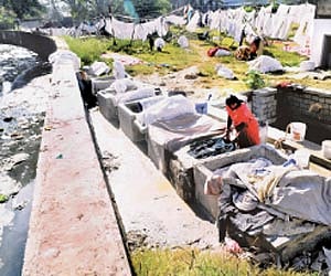The open drain passing through dhobi ghat. (Below) Pollutted water in a open well | Nagesh Polali