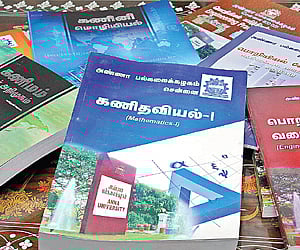 EASY READING: The engineering textbooks in Tamil that were released in the city on Wednesday.