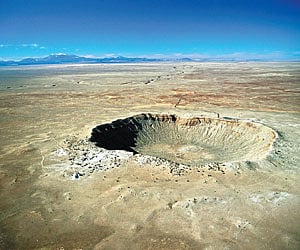 The famous ones: The Barringer Meteor Crater in Arizona rises 150 feet above the floor of the surrounding Arizona desert.