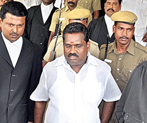 DMK executive committee member ‘Pottu’ Suresh outside the judicial magistrate court II in Madurai on Friday