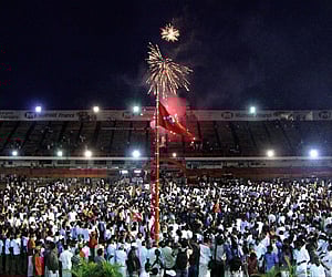 The CPM activists who gathered at the Chandrasekharan Nair Stadium in Thiruvananthapuram on Monday.