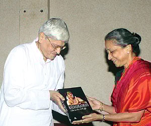 Author Douglas M Knight (left), Gopalakrishna Gandhi and Leela Samson at the launch of the book Balasaraswati: Her Art and Life.