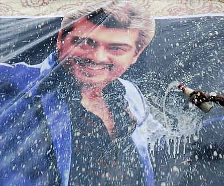 Ajith fans celebrating the release of Mangatha at albere theatre. (Photo: EPS)