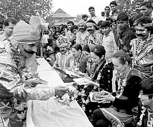 Mantris of King Kansa interact with tourists at Mathura (Bargarh Town) on Monday I Express Photo