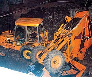 The crane which fell from the North RoB on a JCB which was parked beneath the bridge on Tuesday night.