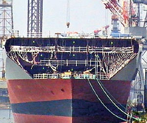 India’s indigenous aircraft carrier at the Cochin Shipyard quay after its float-out the other day.