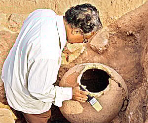 Earthern pot: Excavated from a site a few hundred metres away from the turtle-shaped structure