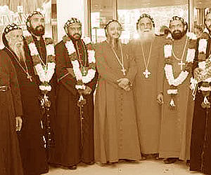 The newly-ordained metropolitans, who returned from Damascus, being accorded a warm reception at Kochi International Airport.