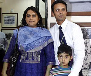 Rahul Dravid poses with his son Samit, and wife Vijeta (AP)