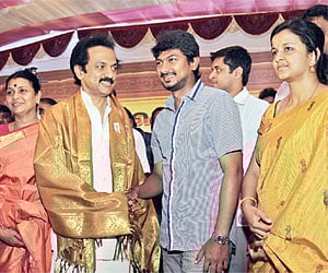 CELEBRATION TIME: DMK treasurer MK Stalin along with his wife and children during his birthday celebrations in the city on Thursday.