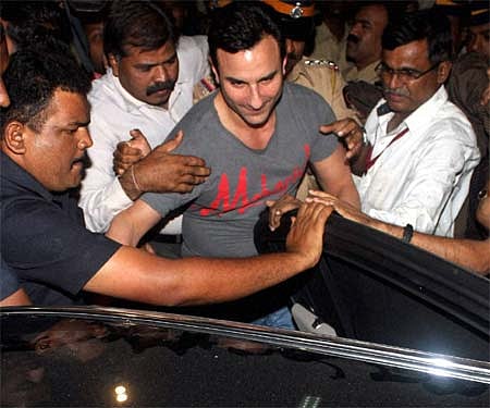 Saif Ali Khan emerging out of Colaba Police Station after getting bail in assault case filed against him by an NRI businessman, Mumbai, Wednesday. PTI
