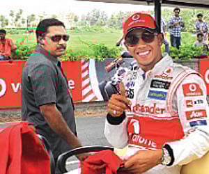 vroom: Lewis Hamilton at the track on Nice Road, Bangalore on Tuesday | NAGESH POLALI