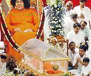 Devotees paying respects to Sathya Sai Baba at Puttaparthi on Tuesday (Express photo).