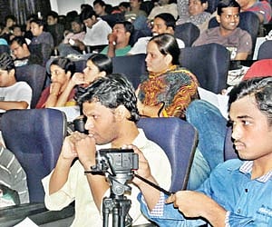 Audience watching the short films being screened at the St Mary’s College in Yousufguda in Hyderabad on Saturday
