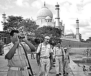 Securitymen patrol near Taj Mahal on Sunday. Security has been beefed up following Saturday’s blast in the city|PTI