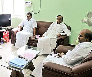 Jayanthi Natarajan, K Jayakumar, G K Vasan, P Chidambaram, K V Thangkabalu at a meet in Chennai on Sunday. (Express Photo)