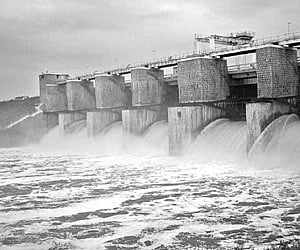 Water gushing out from the Kelavarapalli dam in Hosur on Sunday