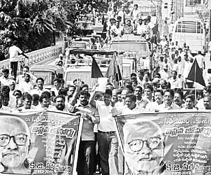 The funeral procession of comrade K G Satyamurthy making its way to the Swargapuri crematorium in Vijayawada on Wednesday