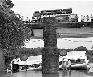 The KSRTC Rajahamsa bus which plunged off the Kootelu bridge near Uppinangady on Friday.