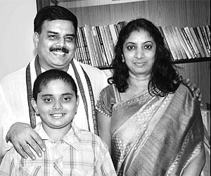 New Speaker Nadendla Manohar along with his wife and son at his chambers in the Assembly in Hyderabad on Saturday | Express Photo