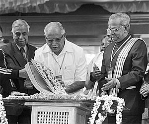 Chief Minister B S Yeddyurappa, Uttarakhand Chief Minister Ramesh Pokhriyal inaugurating World Samskrit Book Fair| Express Photo