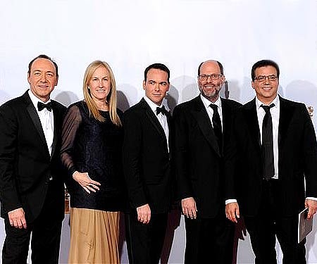 Producers of 'The Social Network', from L to R: Kevin Spacey, Cean Chaffin, Dana Brunetti, Scott Rudin and Michael De Luca (AP Photo/Mark J. Terrill)