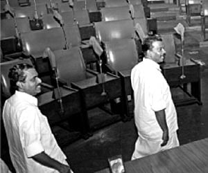 Speaker K Radhakrishnan and Minister for Law and Parliamentary Affairs M Vijayakumar having a look at the old Assembly hall on Wednesday.