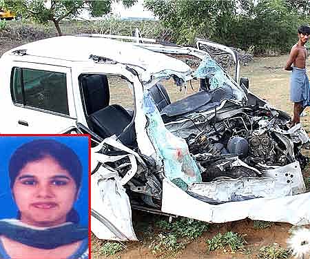 The manged remains of the car that the techies were driving; Inset: Aishwarya.