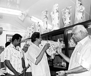 Minister for Khadi and Village Industries C N Balakrishnan (right) at the Khadi emporium on Gandhi Bhavan campus on Wednesday