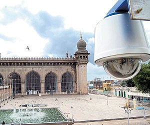 A CCTV camera installed at the Mecca Masjid in Old City.