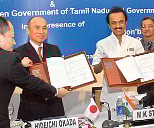 Deputy Chief Minister M K Stalin and Japanese delegates at the signing of the Letter of Intent between the Tamil Nadu and Japan governments in the cit