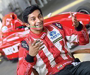 Narain Karthikeyan at the Irungattukottai race track in Chennai on Friday
