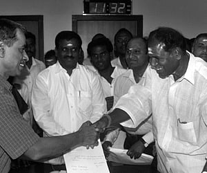 breaking away: Former chief minister N Rangasamy submits his resignation letter (MLA post) to the Assembly Secretary in Puducherry on Thursday