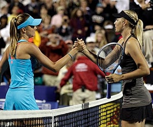 Maria Sharapova, of Russia, shakes hands with Daniela Hantuchova, of Slovakia, at the end of the match during the Bank of the West tournament. (AP)