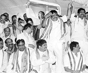 Telangana Congress leaders dancing after the arrival of TRS president K Chandrasekhar Rao on the second day of the fast.