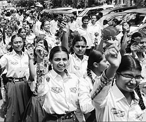 School children with roses participating in the funeral procession of Telangana ideologue Prof K Jayashankar in Warangal on Wednesday. | Express Photo
