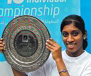 OVER THE MOON: Anaka Alankamony celebrates winning the girls title in the Asian Junior squash.